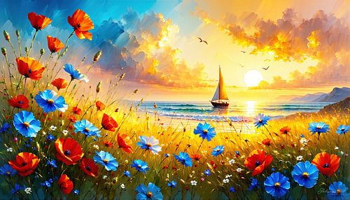 Voilier au coucher du soleil un soir d'été - Un voyage poétique entre la mer de fleurs et l'immensité de l'horizon
