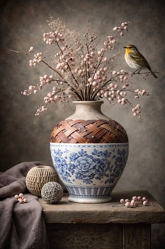 Vleugje Porselein – bloemenschilderij met roze bessen en vogel in Delfts Blauwe vaas