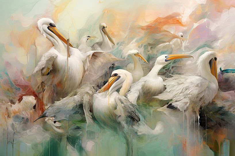Pelicans Eating | Abstract art by Eye catching paintings