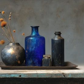 bloemen stilleven | Cobalt Bottle with Thistles van Blikvanger Schilderijen