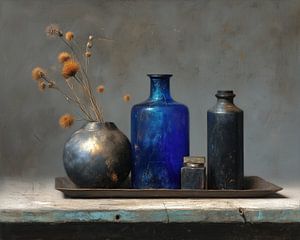 Blumenstillleben | Kobaltflasche mit Disteln
