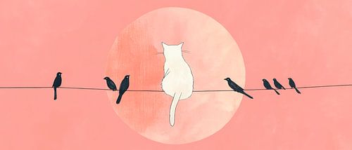 Kat en vogels voor een stralende maan