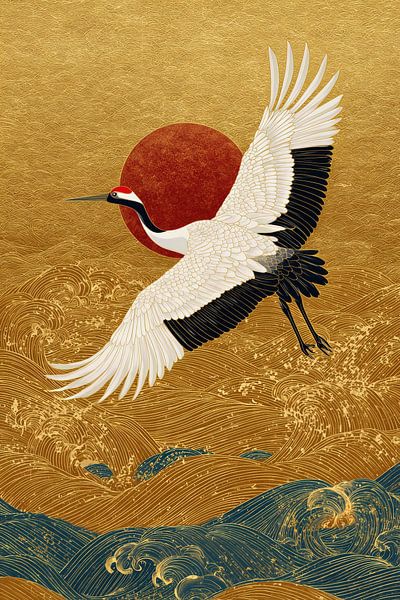 Japan crane painting with sun by Egon Zitter