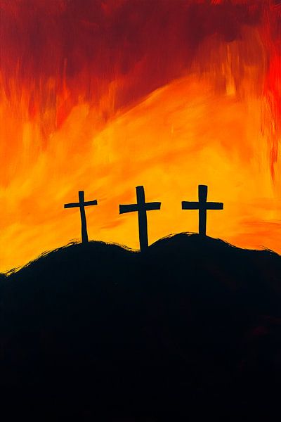 Crosses in front of a fiery sky by Poster Art Shop