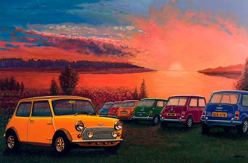 Mini Coopers at Sunset Painting by Paul Meijering