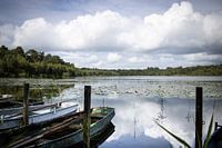 Uitzicht over de Oisterwijkse Vennen met aangemeerde bootjes.