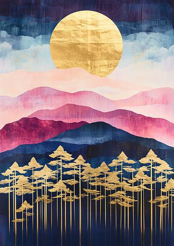 Art Deco Goud Opaal Bos Roze Blauwe Hemel Bergen