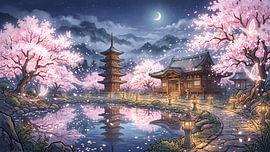 Moonlit Japanese Sakura Temple Beside A Reflective Sacred Pond by my pixel art