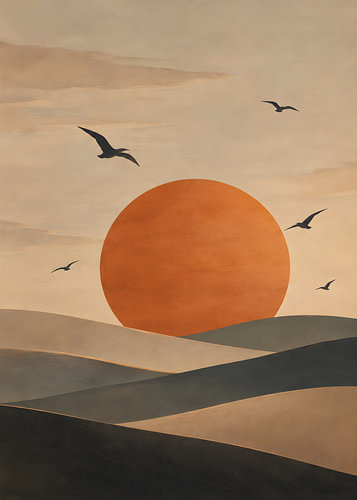 Coucher de soleil doré sur des collines vallonnées avec des oiseaux en vol – Tableau représentant un paysage naturel serein