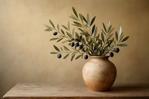Branches d'olivier rustiques sur une table en bois