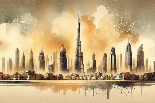 Skyline van Dubai: Artistieke impressie bij schemering