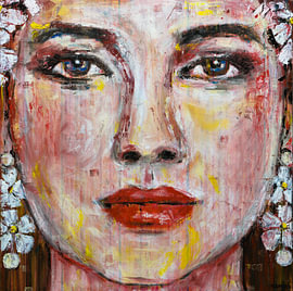 Portrait de femme | peinture à l'huile avec des fleurs sur Anja Namink - Peintures