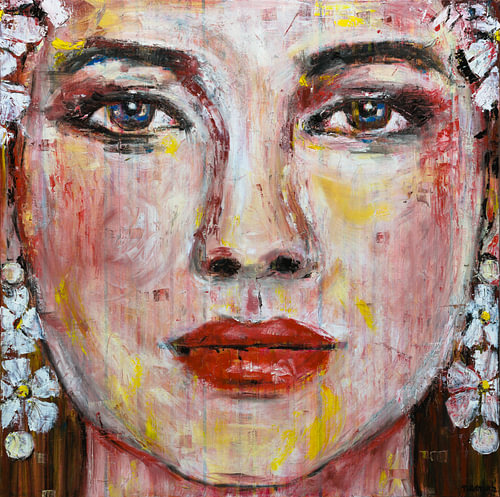 Vrouwenportret | schilderij olieverf met bloemen van Anja Namink - Schilderijen