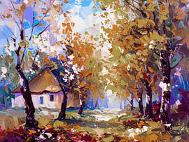 Rural autumn painting featuring an idyllic cottage and trees by STUDIO ARTSY