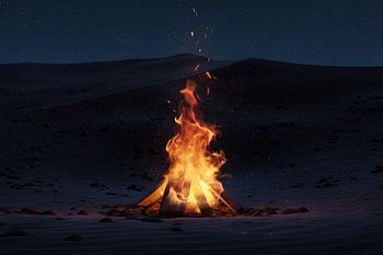 Feu de camp nocturne avec étincelles et particules dans le désert