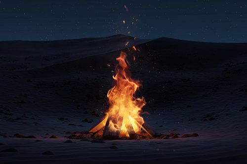 Nachtelijk kampvuur met vonken en deeltjes in de woestijn