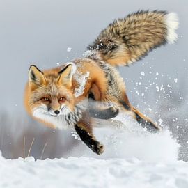 Springender Fuchs im Schnee von Poster Art Shop