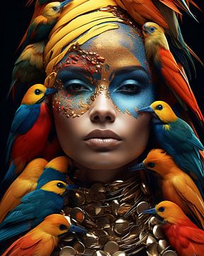 Kleurrijk surrealistisch portret met tropische vogels van Carla Van Iersel