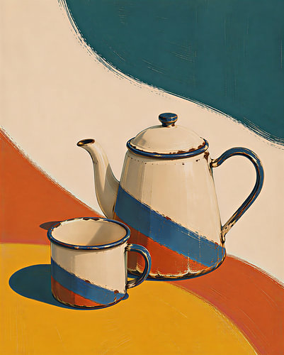Tasse « & » représentant une théière rétro en émail — Affiche minimaliste de cuisine dans le style Pop Art