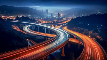 Time-lapse car light trails on the city street at night with skyline in the background by Animaflora PicsStock