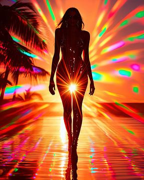 Vibrant Sunset Front-View Woman Wall Art - Tropical Rainbow Silhouette Print for Modern Home Decor,  by Shine By Nous