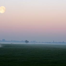 Lever de soleil brumeux dans la campagne hollandaise avec canal dans les champs et la lune sur Nfocus Holland