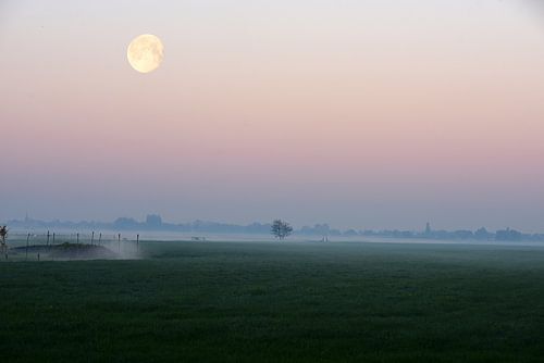 Lever de soleil brumeux dans la campagne hollandaise avec canal dans les champs et la lune sur Nfocus Holland
