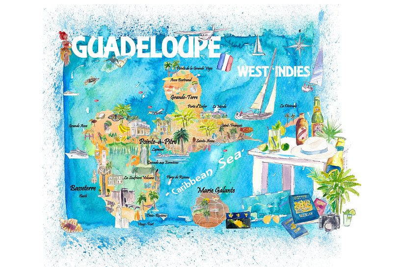 Guadeloupe Antilles Illustrated Caribbean Travel Map with Highlights of the West Indies Dream by Markus Bleichner