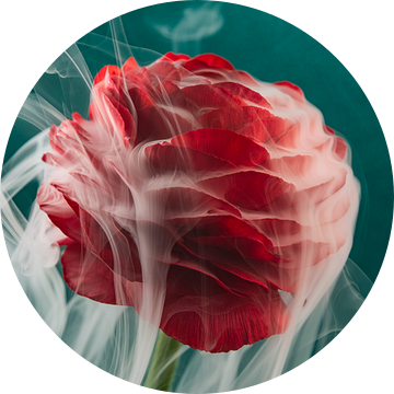 Sierlijke witte rook omhult de rode bloem van Marjolijn van den Berg