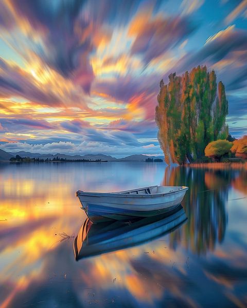 Perfecte weerspiegeling, kleine boot van fernlichtsicht