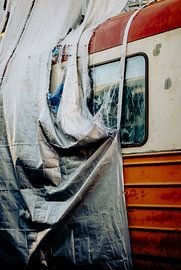 Frayed Tarp over Vintage Vehicle – Red-Orange Stripes