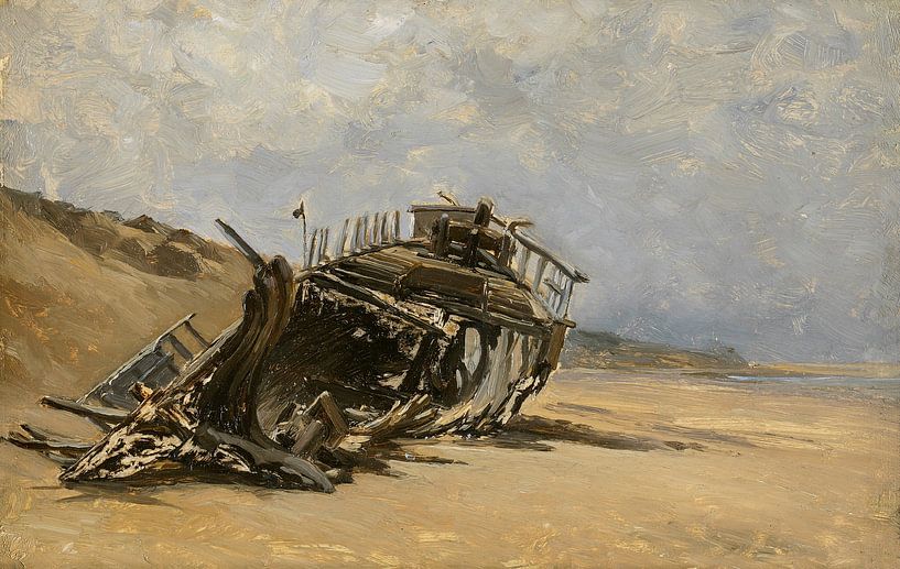 Carlos de Haes-damaged wooden boat, boat stranded by the sea, Antique landscape by finemasterpiece