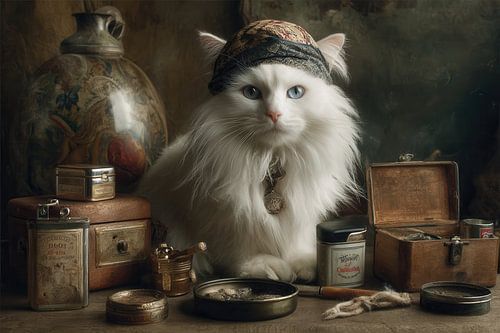 Witte Kat met Antieke Voorwerpen - Elegant Kunstwerk