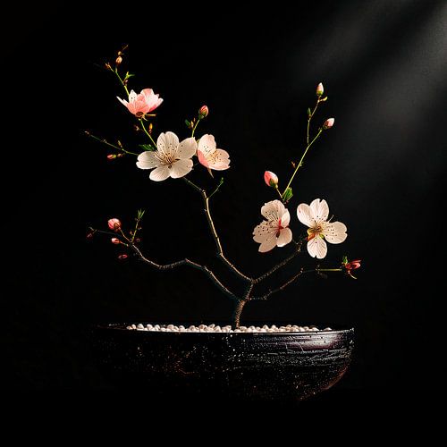 Sfeervol Japandi stilleven met amandel bloesemtak