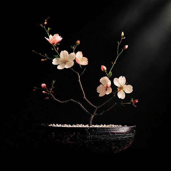 Nature morte atmosphérique au Japandi avec branche d'amandier en fleur par Studio Pieternel