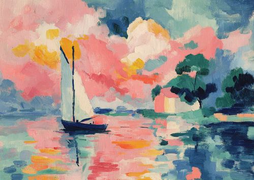 Oude zeilboot in een pastelkleurige lucht