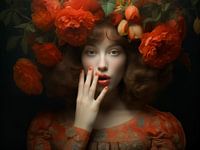 La beauté mystique de la nature : portrait d'une femme avec une luxuriante couronne de fleurs dans des tons chauds de rouge et d'orange
