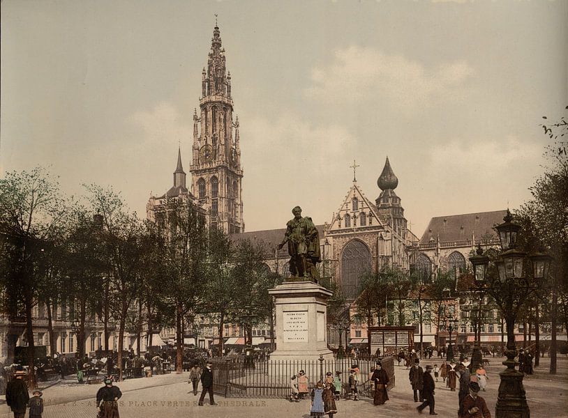 Der Verteplein und die Kathedrale, Antwerpen, Belgien (1890-1900) von Vintage Afbeeldingen
