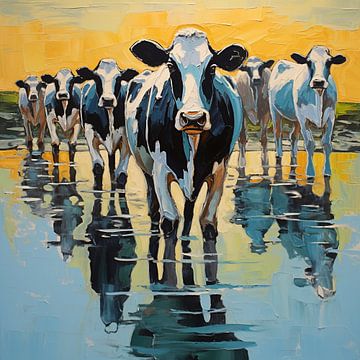 Herd of cows with reflection in the water by Bianca ter Riet