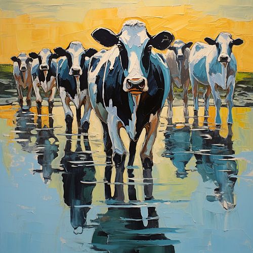 Troupeau de vaches avec reflet dans l'eau