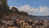 Wilhelm Marstrand, Kerkgangers die per boot aankomen bij de parochiekerk van Leksand aan het Siljanmeer, Zweden, 1853 van Atelier Liesjes thumbnail