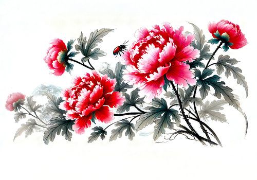 Pioenrozen in een Aziatische inkttekening in rood