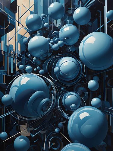 Blauwe bollen dansen door een surrealistisch landschap