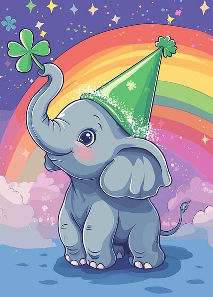Fröhlicher Elefant mit Kleeblatt vor Regenbogen von Pixelbull Design