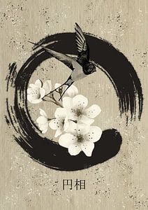 Ensō mit Schwalbe und Kirschblüten