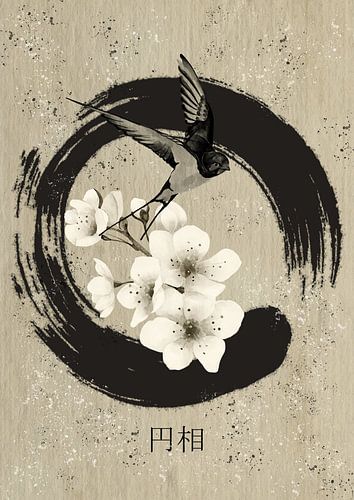 Ensō mit Schwalbe und Kirschblüten