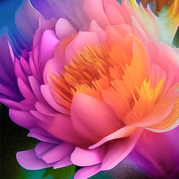 Stilleben mit Blumen XII - üppige Blumen in Orange, Rosa, Flieder und Gelb von Lily van Riemsdijk - Art Prints with Color
