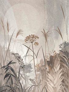 Japandi Art. Verträumte, zarte Gräser in ruhigen, neutralen  Farbtönen.