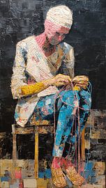 Selbstgenähte Qual: Eine verzerrte Gestalt, die ihren eigenen zerbrochenen Körper näht von Aden Pink Studio