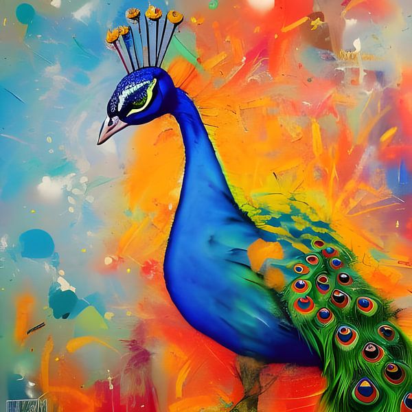 Peacock in bright orange and blue shades by Betty Maria Digital Art